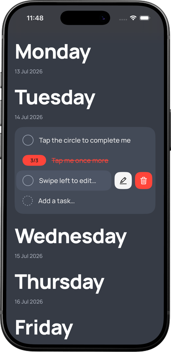 The TUGAS app open on an iPhone in dark mode, showing the week from Monday to Friday: a task to tap complete, one struck through, one row revealing swipe-to-edit and delete pills, and an ‘Add a task’ row.